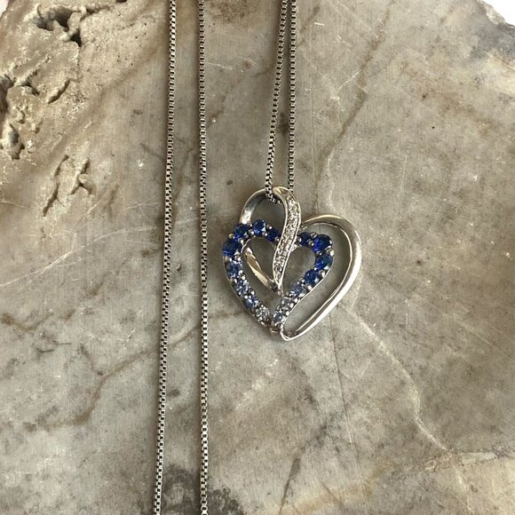 Sterling Silver 925 Blue White Sapphire Diamond Open Heart Pendant Necklace 18" - Picture 1 of 16
